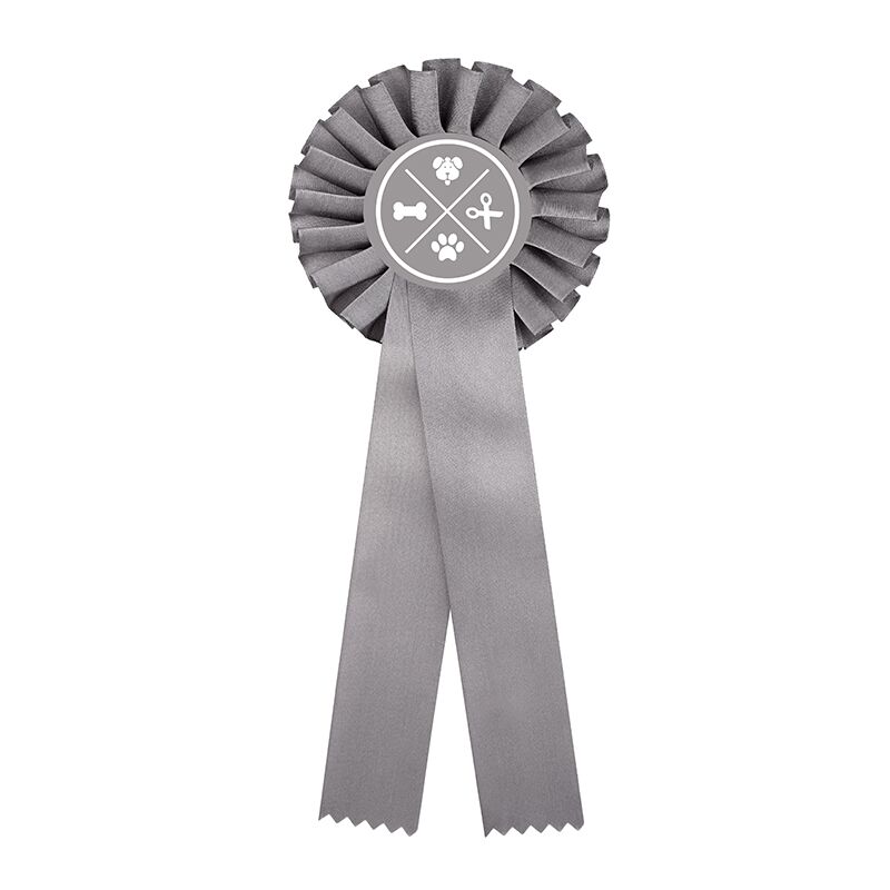 PREMIUM GREY AWARD ROSETTE RIBBON 11.5CM X 31CM WITH CUSTOM PRINTED LABEL - Image 1