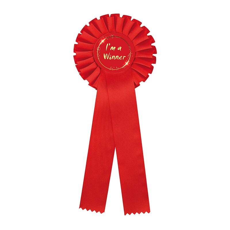 CUSTOM RED ROSETTE AWARD RIBBON WITH PRINTED LABEL – 11.5CM X 31CM - Image 1