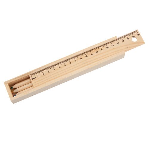 SET OF 6 WOODEN PENCILS IN NATURAL WOOD CASE WITH BUILT-IN RULER | ECO-FRIENDLY - Image 1