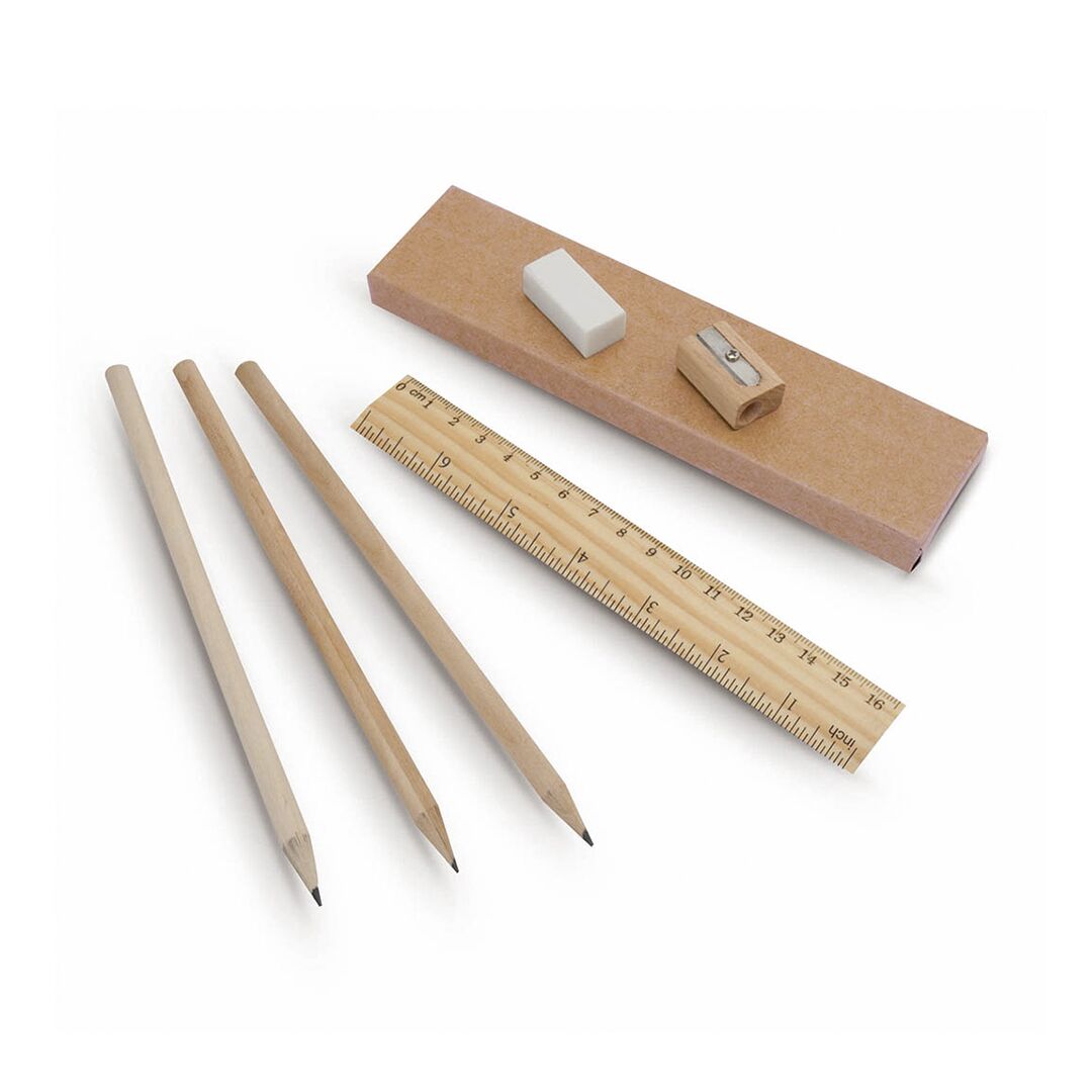 3643.jpg 6-PIECE WOODEN PENCIL SET WITH RULER, ERASER & SHARPENER | ECO STATIONERY KIT - Image 1