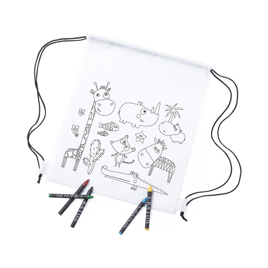 WIZZY COLOR-YOUR-OWN BACKPACK – WHITE NON-WOVEN DRAWSTRING BAG WITH CRAYONS - Image 1