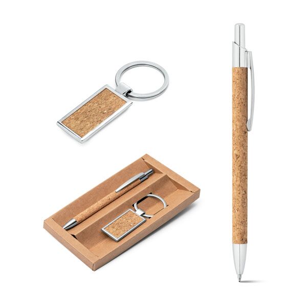 ECOSTYLE CORK GIFT SET – BALLPOINT PEN & KEYRING IN PREMIUM GIFT BOX - Image 1