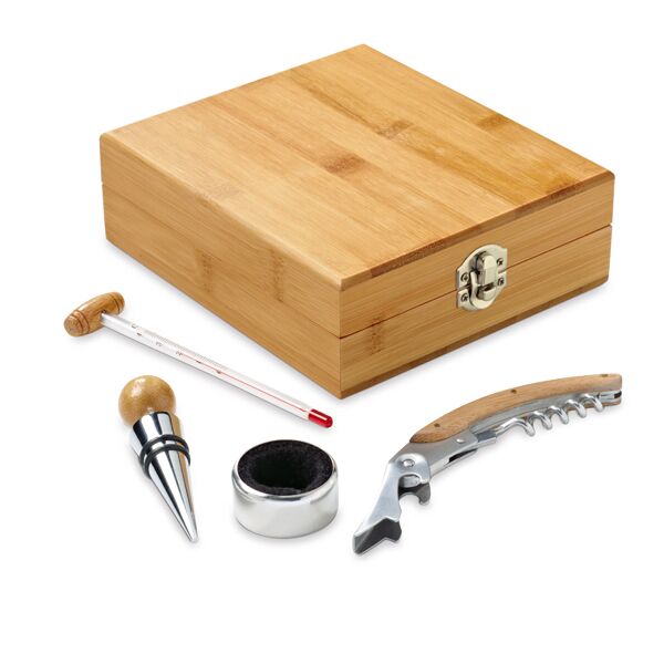 SOMMELIERSELECT BAMBOO WINE SET – 4-PIECE GIFT BOX WITH CORKSCREW & THERMOMETER - Image 1