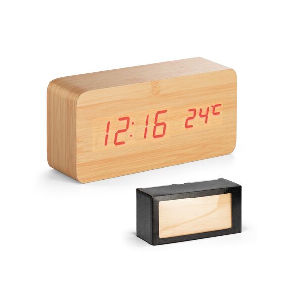 TIMBERTECH DESK CLOCK – MDF DIGITAL CLOCK WITH CALENDAR, ALARM & THERMOMETER - Image 1