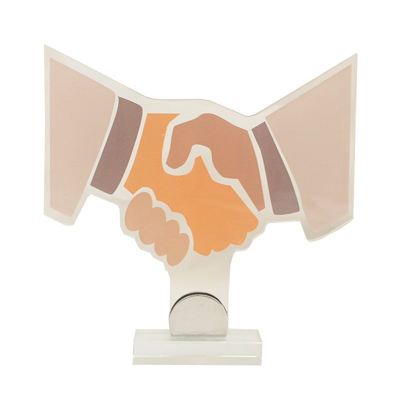 ARTISTIC SHAKING HANDS PLEXIGLASS AWARD 28CM – PRINTED PLATE INCLUDED - Image 1