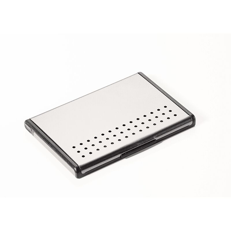 TROIKA BUSINESS CARD CASE W/ HYDRODYNAMIC OPENING – SILVER ALUMINIUM & STAND - Image 1