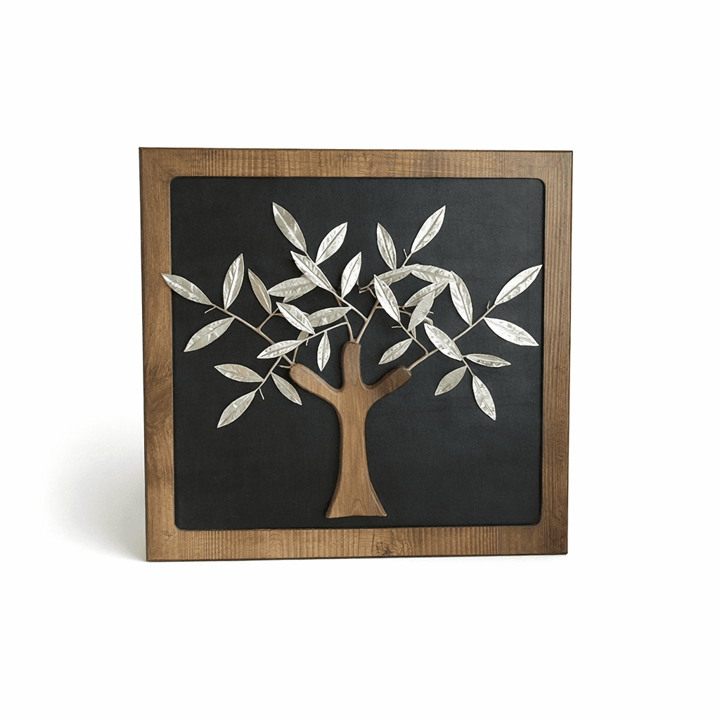 HANDMADE SILVER OLIVE TREE HANDMADE SILVER OLIVE TREE ON LEATHER PLAQUE 23CMX23CM - Image 1