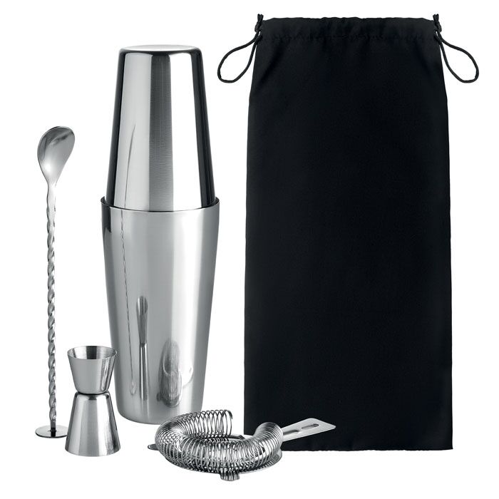 BOSTON COCKTAIL SHAKER SET – 4-PIECE STAINLESS STEEL – COTTON POUCH - Image 1