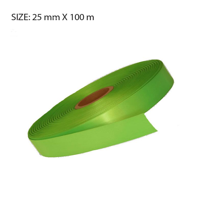 CUSTOM PRINTED FLUORESCENT GREEN SATIN RIBBON – 25MM X 100M | SINGLE SIDED - Image 1