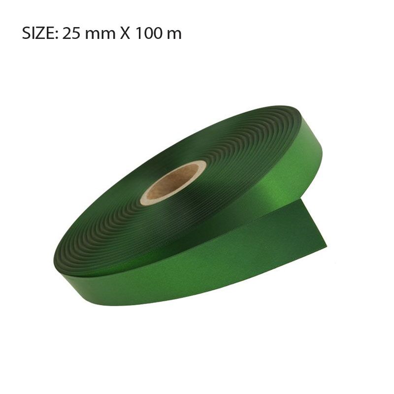 CUSTOM PRINTED FOREST GREEN SATIN RIBBON – 25MM X 100M | ELAN SINGLE FACE SATIN - Image 1