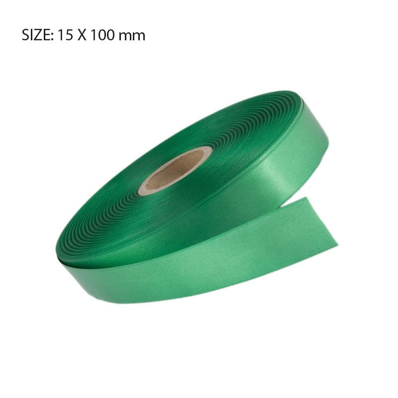 CUSTOM PRINTED EMERALD GREEN SATIN RIBBON – 15MM X 100M | ELAN SINGLE FACE SATIN - Image 1
