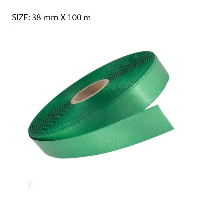 CUSTOM PRINTED EMERALD GREEN SATIN RIBBON – 38MM X 100M | ELAN SINGLE FACE SATIN - Image 1