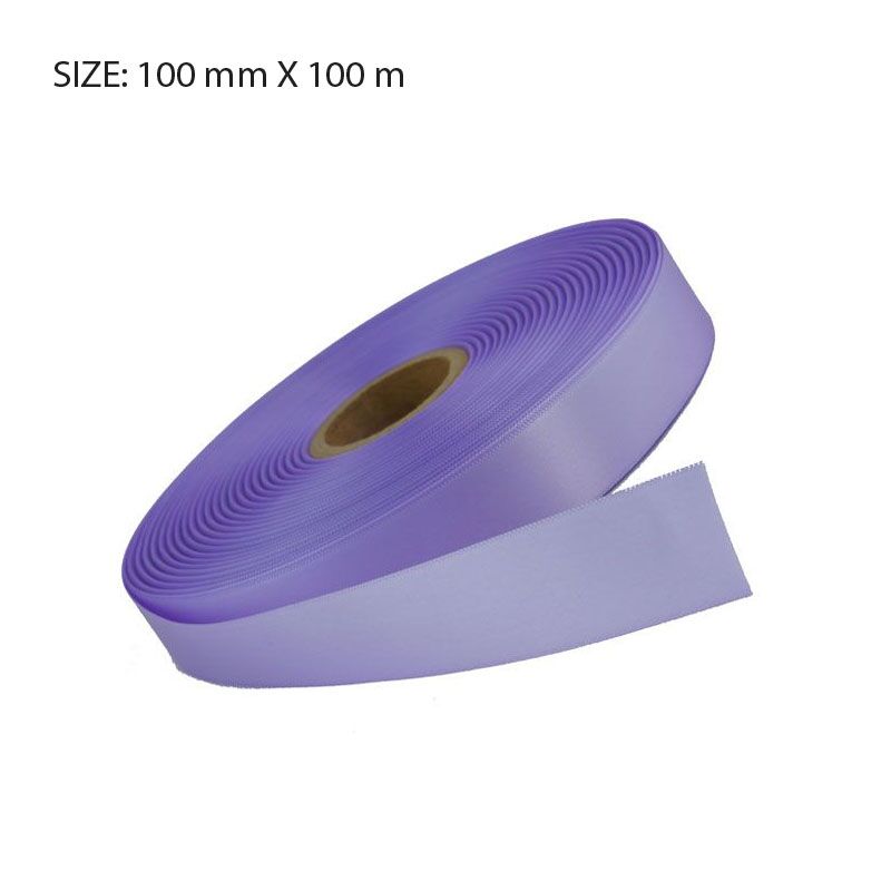 CUSTOM PRINTED LILAC SATIN RIBBON – 100MM X 100M | ELAN SINGLE FACE SATIN - Image 1