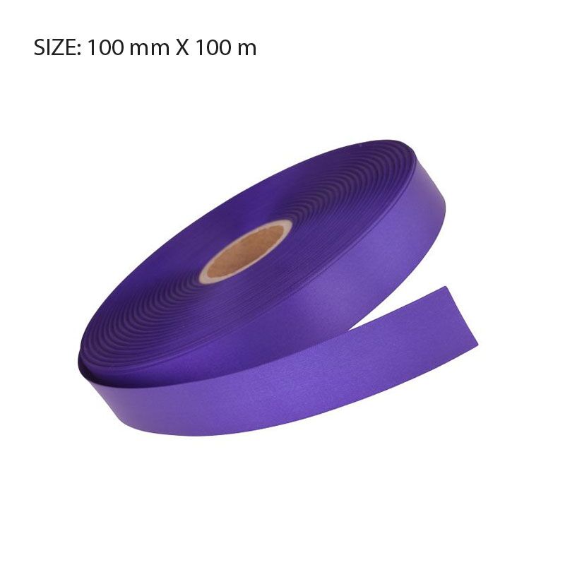 RSSPURP96100.jpg CUSTOM PRINTED PURPLE SATIN RIBBON – 100MM X 100M | ELAN SINGLE FACED SATIN - Image 1