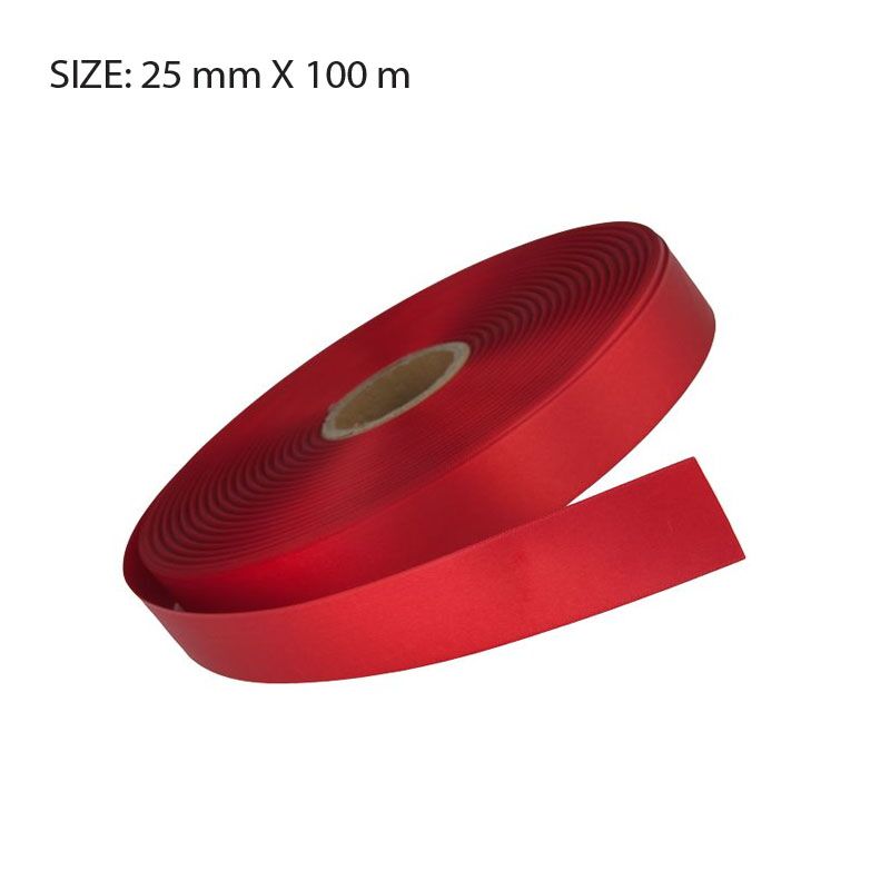 CUSTOM PRINTED RED SATIN RIBBON – 25MM X 100M | ELAN SINGLE FACE SATIN - Image 1