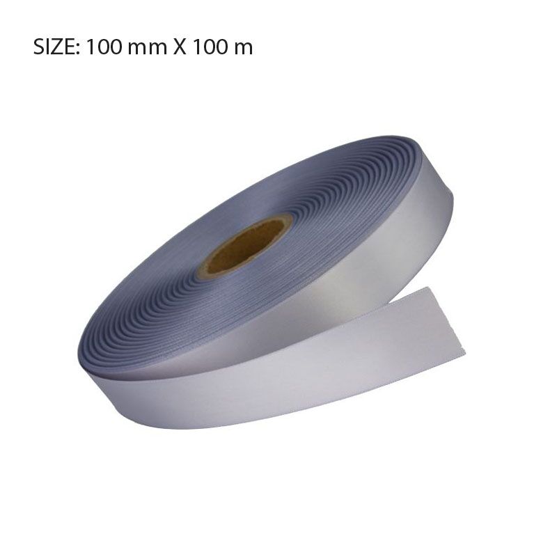 RSSSILV96100.jpg SILVER CUSTOM SATIN RIBBON – 100MM X 100M | ELAN SINGLE FACE FOIL PRINT - Image 1