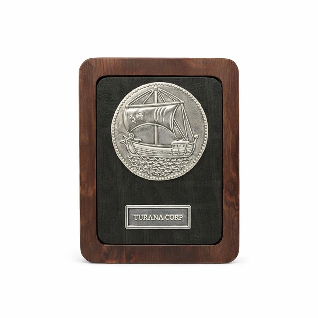 HANDMADE SILVER KYRENIA SHIP ON A LEATHER PLAQUE 18CM - Image 1