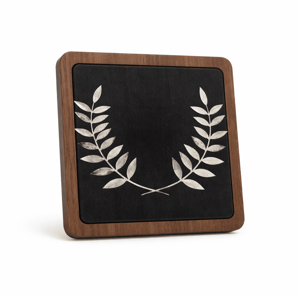 HANDMADE SILVER OLIVE WREATH ON LEATHER PLAQUE - Image 1