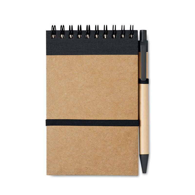 ECO RECYCLED NOTEBOOK WITH PEN – 70 SHEETS, ELASTIC CLOSURE, BLUE INK - Image 1