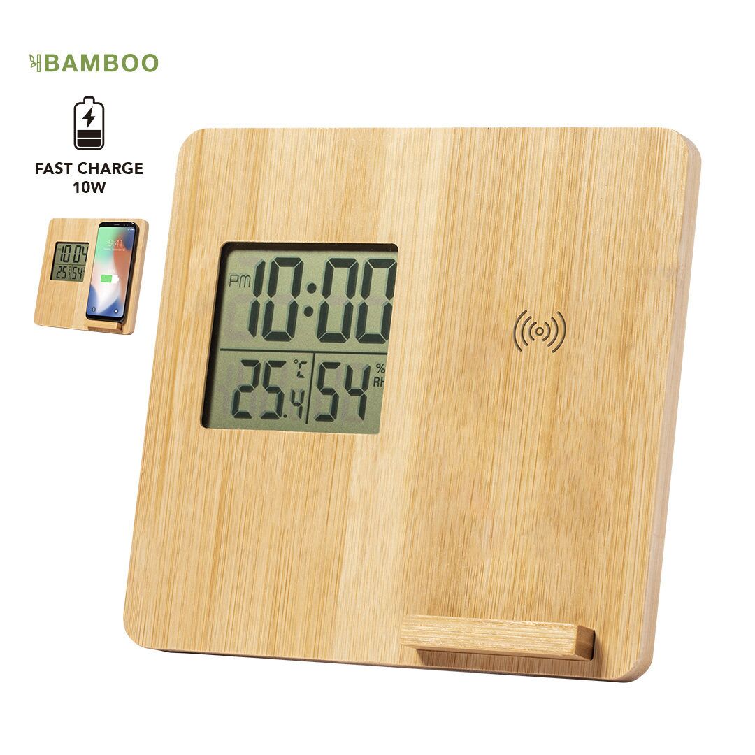 FIORY WEATHER STATION – ECO 10W BAMBOO CHARGER WITH THERMOMETER & HYGROMETER - Image 1