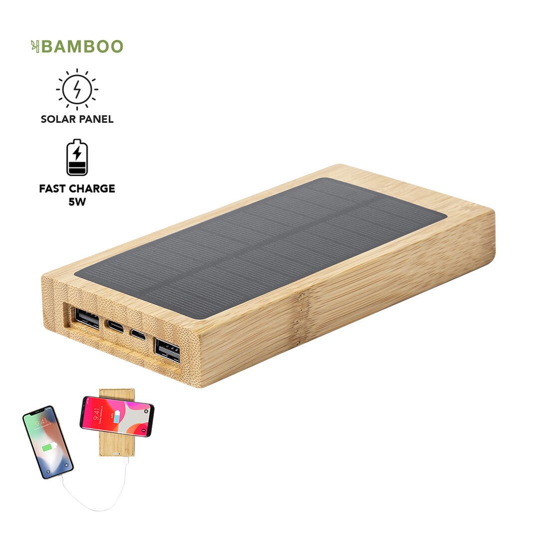 DIUK 10000MAH BAMBOO POWER BANK – WIRELESS & SOLAR CHARGING - Image 1