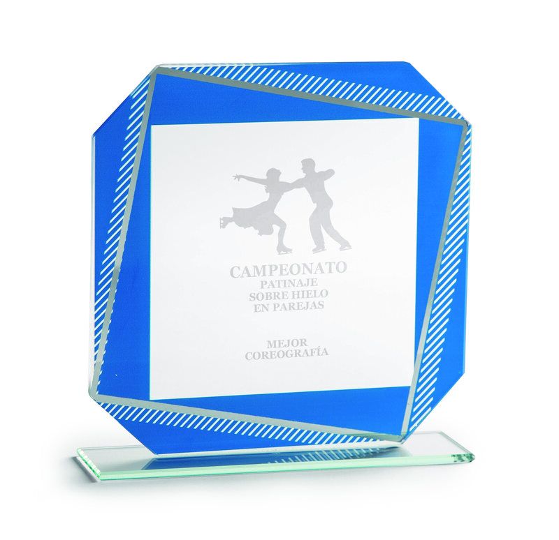 PREMIUM SQUARE GLASS AWARD 14CM WITH BLUE ACCENTS – CUSTOM ENGRAVING AVAILABLE - Image 1