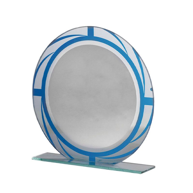CUSTOM ENGRAVED GLASS CRYSTAL ROUND AWARD WITH BLUE ACCENTS – 16.5CM (OUTLET) - Image 1