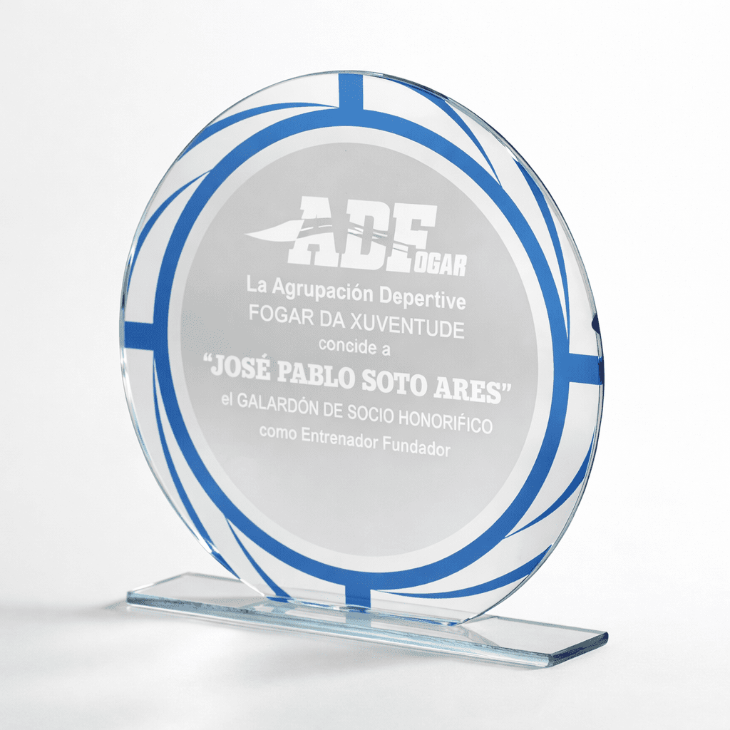 19-1355 ROUND GLASS AWARD 20.5CM – BLUE DETAIL – CUSTOM ENGRAVED (OUTLET) - Image 1