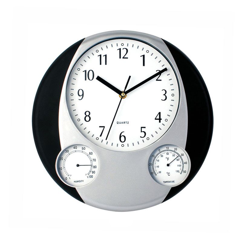 9301.02 PREGO BLACK WALL CLOCK – WITH BUILT-IN THERMOMETER & HYGROMETER - Image 1