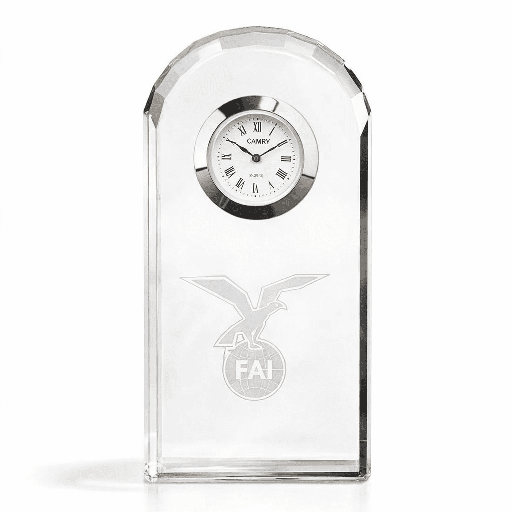 SMALL BEVELLED ARCH CLOCK 10CM – PERSONALISED OPTICAL CRYSTAL DESK CLOCK - Image 1