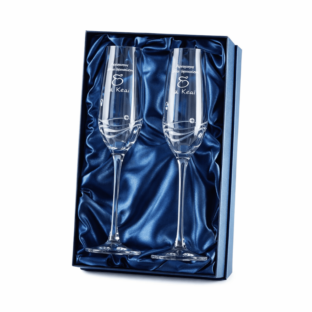 SET OF 2 DIAMANTE CHAMPAGNE FLUTES – HEART CUT GLASSES IN GIFT BOX - Image 1