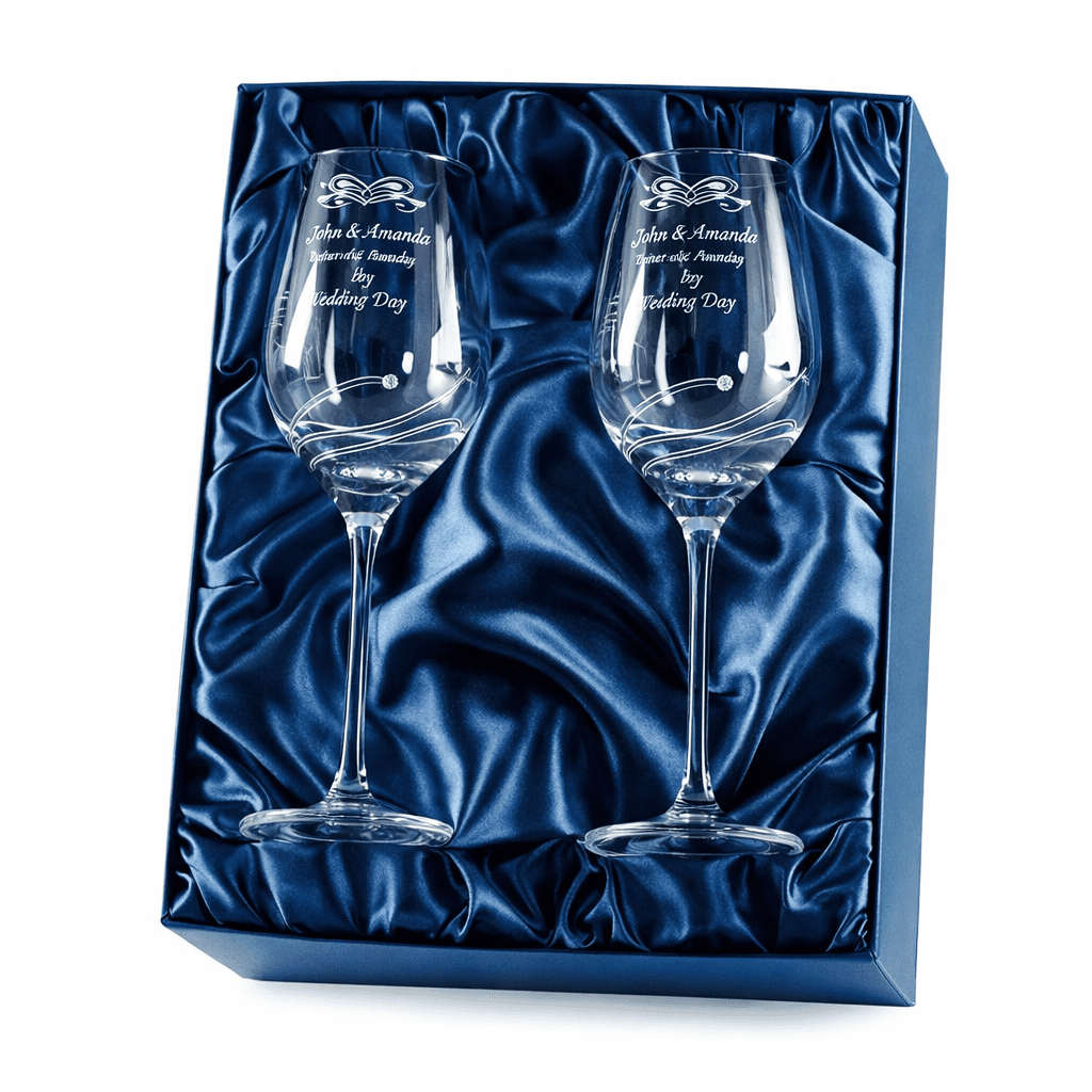 2 DIAMANTE WINE GLASSES WITH ELEGANCE SPIRAL CUTTING - Image 1